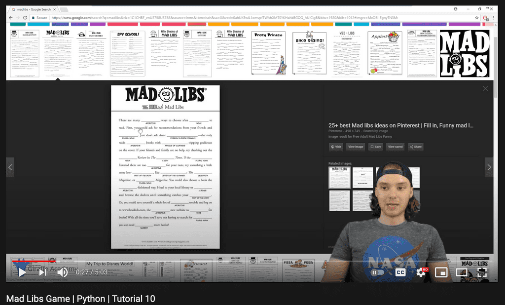 Youtube tutorial on mad libs as a Python project for beginners