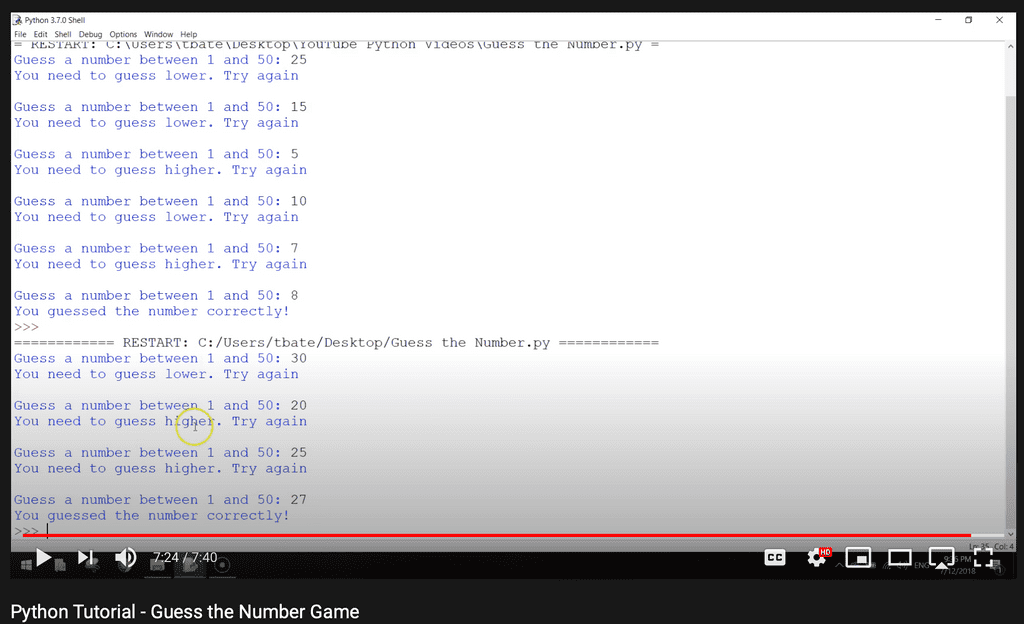 Youtube tutorial on guessing a number as a Python project for beginners